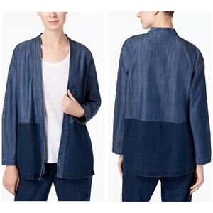 Eileen Fisher Organic Cotton Blend Denim Kimono Jacket Large Open Western Boho